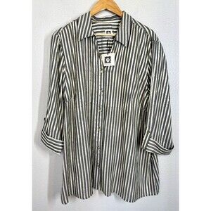 NWT Anne Klein Metallic Gold Gray Striped Button Down Shirt 2X Blouse 3/4 Sleeve